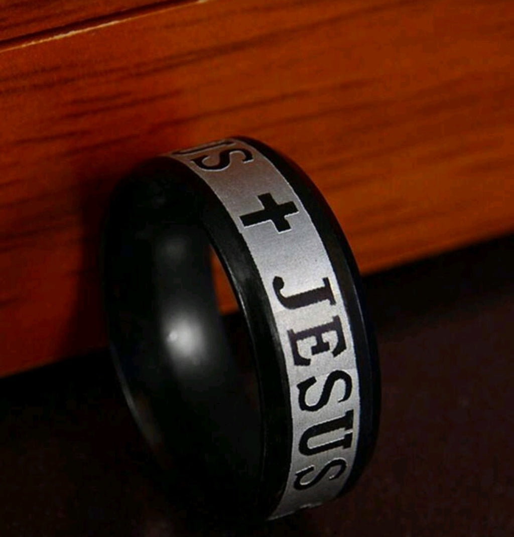 Titanium Steel 18K Silver/black Plated Jesus Cross Ring